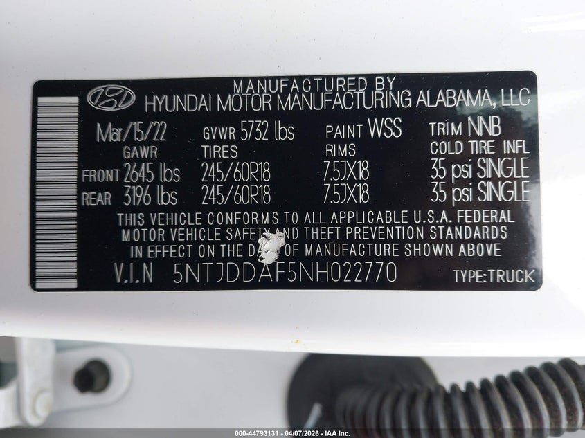 2022 Hyundai Santa Cruz Sel Premium VIN: 5NTJDDAF5NH022770 Lot: 44793131