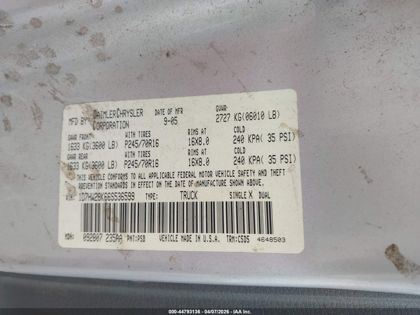 2006 Dodge Dakota St VIN: 1D7HW28K66S536599 Lot: 44793136
