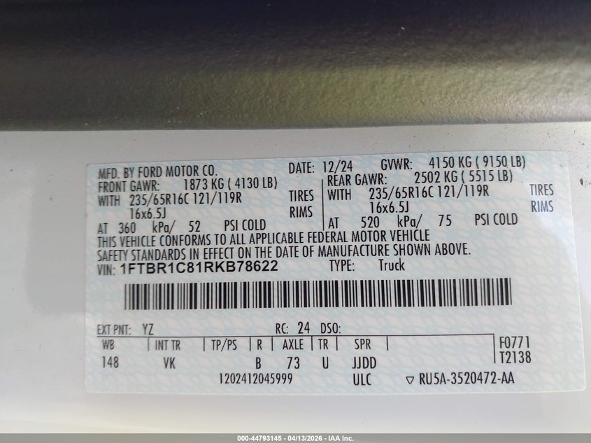2024 Ford Transit 3.5 -250 white Lot 111044793145 Vin 1FTBR1C81RKB78622