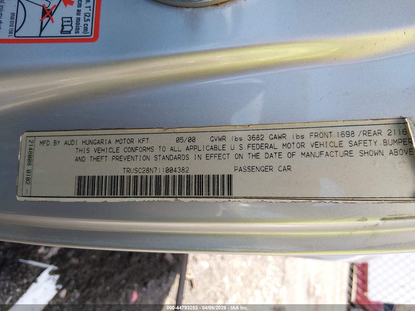 2001 Audi Tt VIN: TRUSC28N711004382 Lot: 44793253