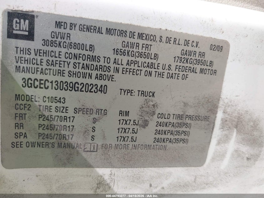 2009 Chevrolet Silverado 1500 Work Truck VIN: 3GCEC13039G202340 Lot: 44793277