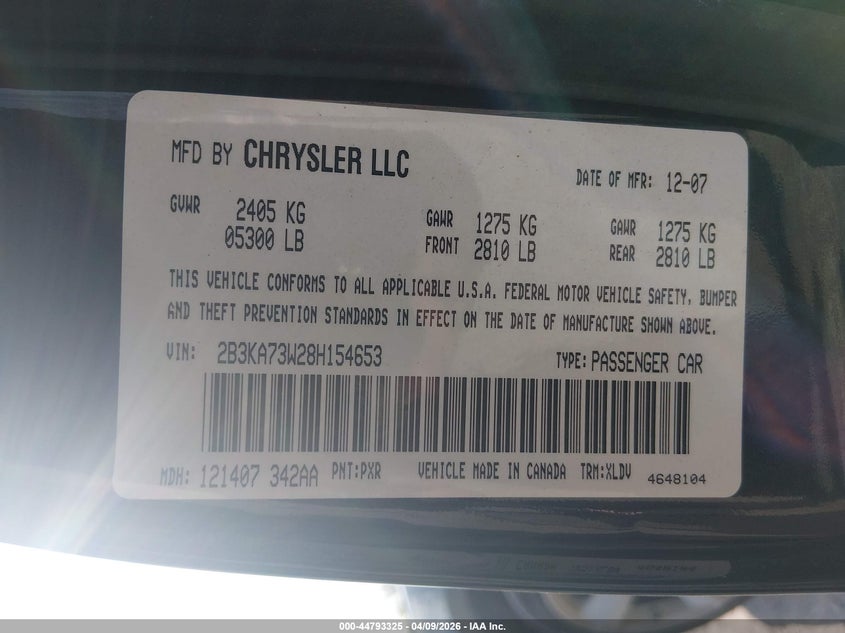 2008 Dodge Charger Srt8 VIN: 2B3KA73W28H154653 Lot: 44793325