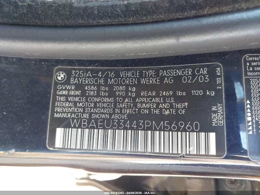 2003 BMW 325Xi VIN: WBAEU33443PM56960 Lot: 44793362