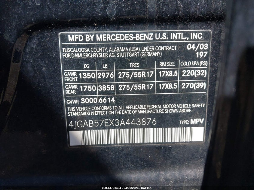 2003 Mercedes-Benz Ml 350 VIN: 4JGAB57EX3A443876 Lot: 44793484