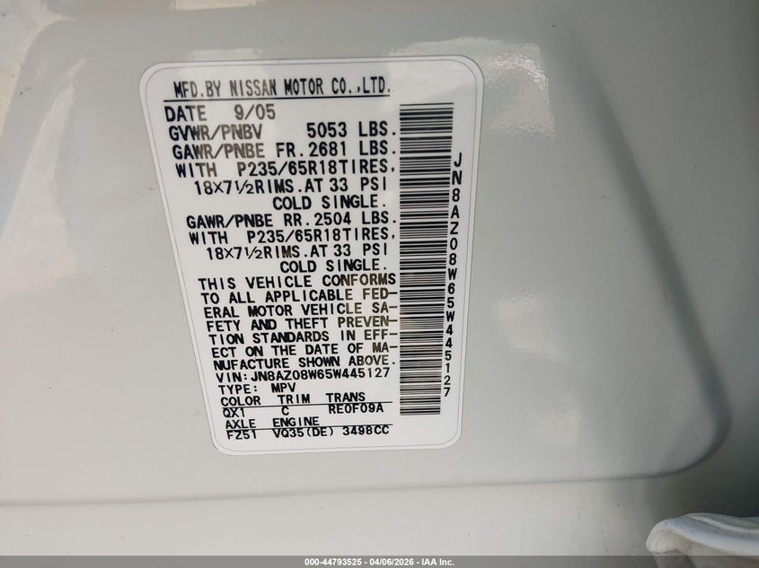 2005 Nissan Murano S VIN: JN8AZ08W65W445127 Lot: 44793525