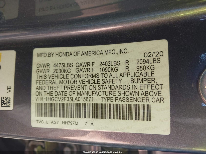 VIN 1HGCV2F35LA015671 2020 HONDA ACCORD SPORT 2.0T