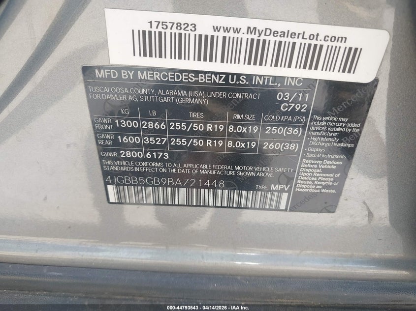 2011 Mercedes-Benz Ml 350 VIN: 4JGBB5GB9BA721448 Lot: 44793543