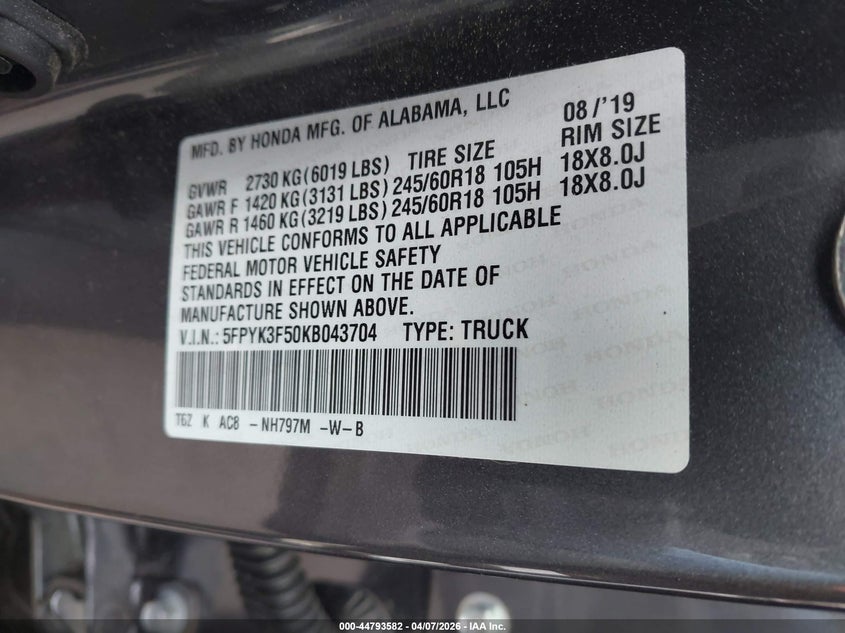 2019 Honda Ridgeline Rtl VIN: 5FPYK3F50KB043704 Lot: 44793582