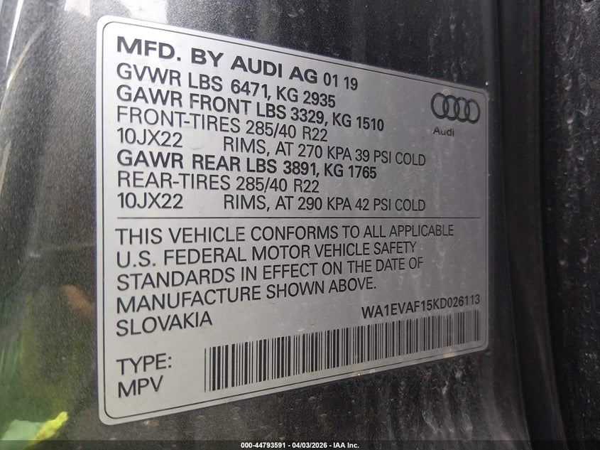 2019 Audi Q8 55 Premium VIN: WA1EVAF15KD026113 Lot: 44793591