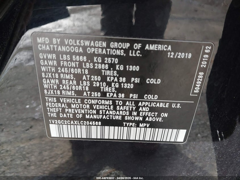 2020 Volkswagen Atlas Cross Sport 2.0T S VIN: 1V2GC2CAXLC204568 Lot: 44793652