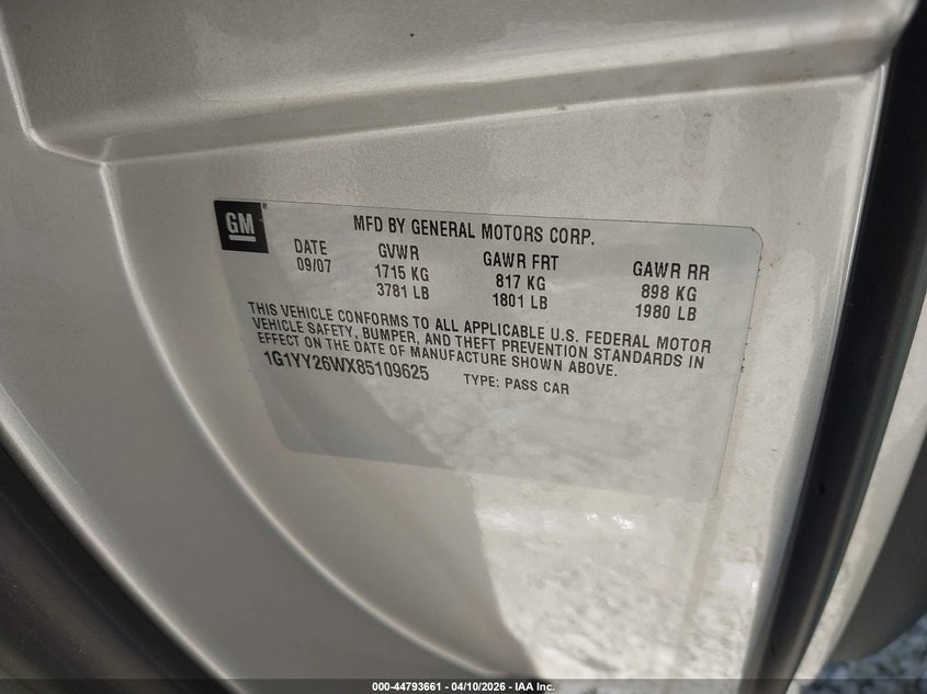 2008 Chevrolet Corvette VIN: 1G1YY26WX85109625 Lot: 44793661