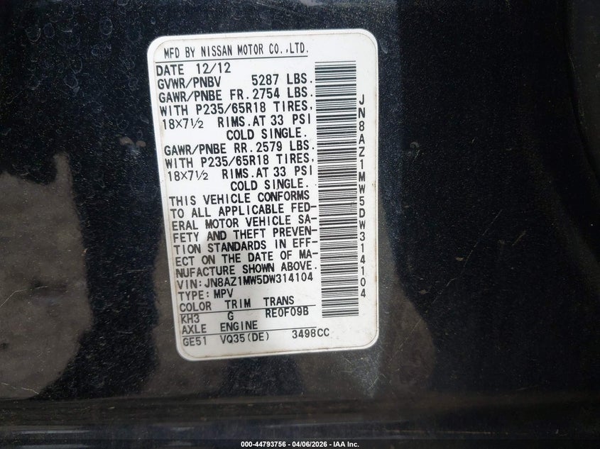 2013 Nissan Murano Sl VIN: JN8AZ1MW5DW314104 Lot: 44793756