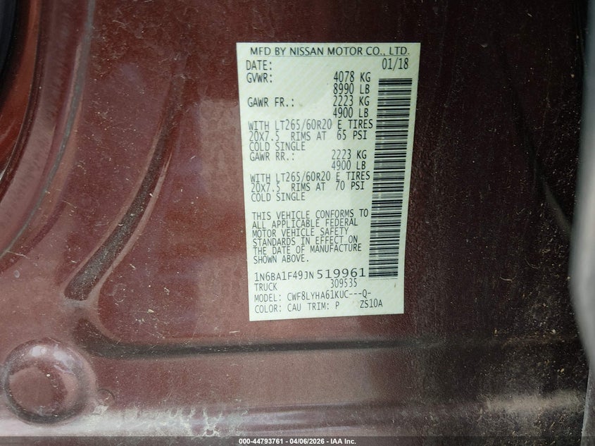 2018 Nissan Titan Xd Platinum Reserve Diesel VIN: 1N6BA1F49JN519961 Lot: 44793761