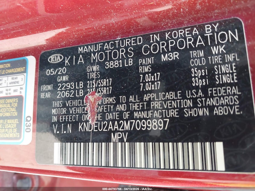 2021 Kia Seltos S VIN: KNDEU2AA2M7099897 Lot: 44793766