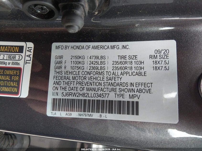 VIN 5J6RW2H82LL034577 2020 HONDA CR-V AWD EX-L