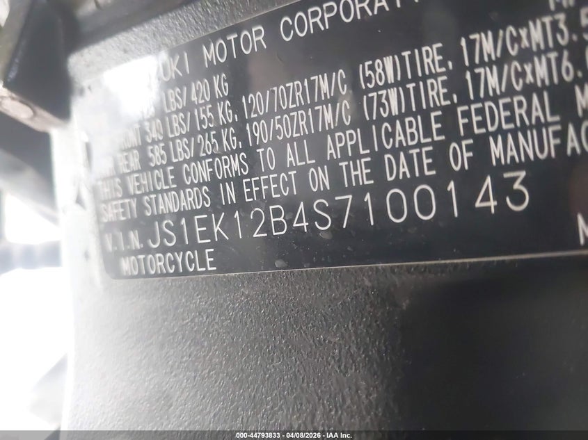 2025 Suzuki Gsx1000 Gt/Gt+ VIN: JS1EK12B4S7100143 Lot: 44793833