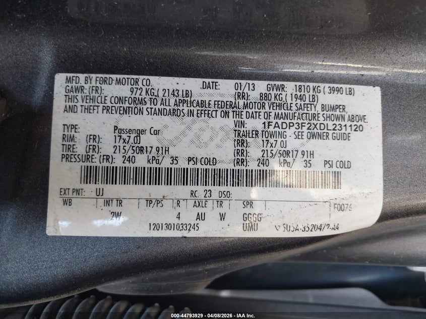 2013 FORD FOCUS SEDAN 2.0L I-4 DI, DOHC, VVT, 160HP