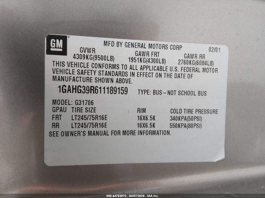 2001 Chevrolet Express VIN: 1GAHG39R611189159 Lot: 44793970