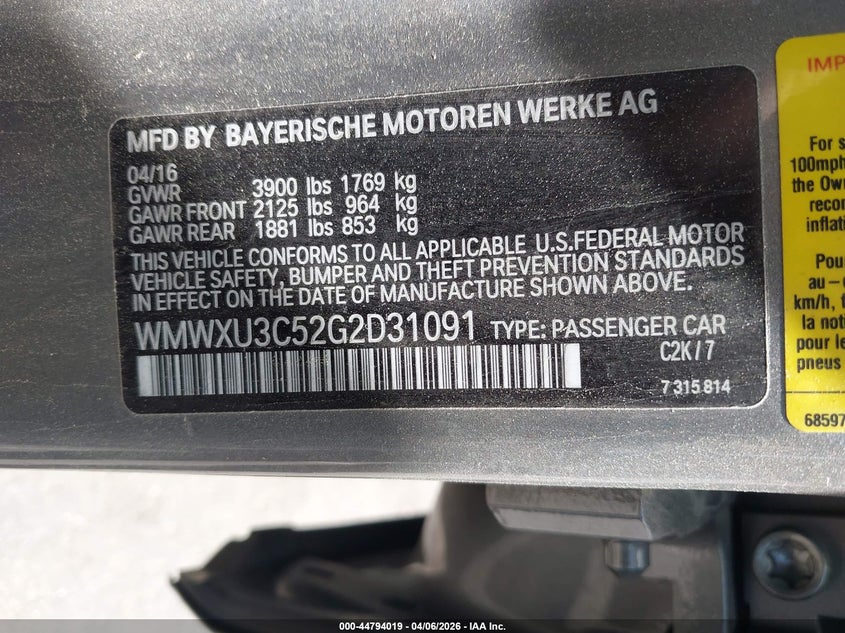 2016 Mini Hardtop Cooper S VIN: WMWXU3C52G2D31091 Lot: 44794019