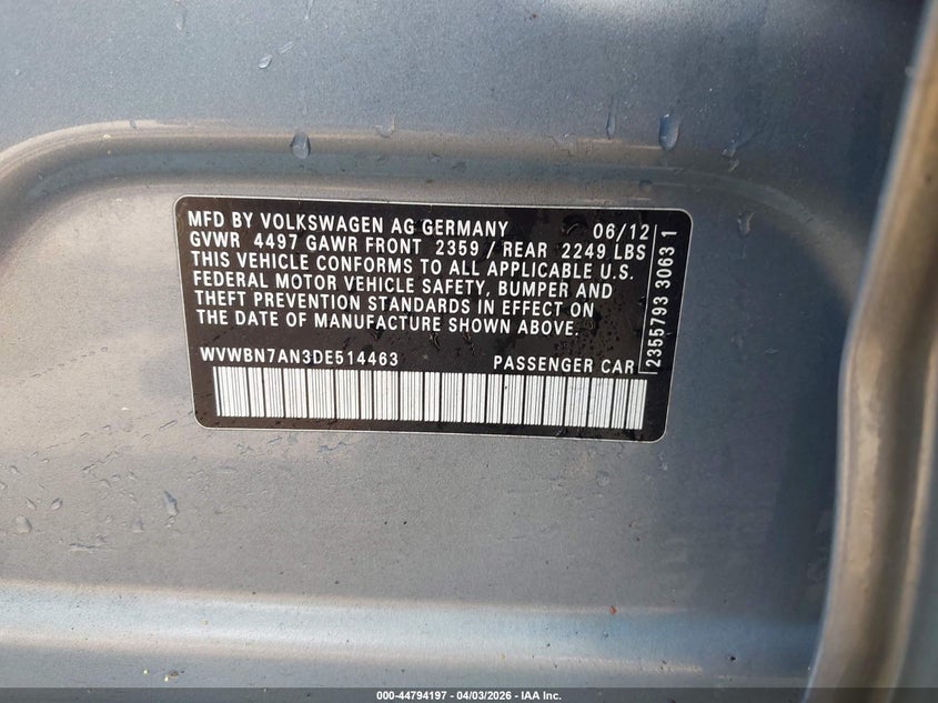 2013 Volkswagen Cc 2.0T Sport Plus VIN: WVWBN7AN3DE514463 Lot: 44794197