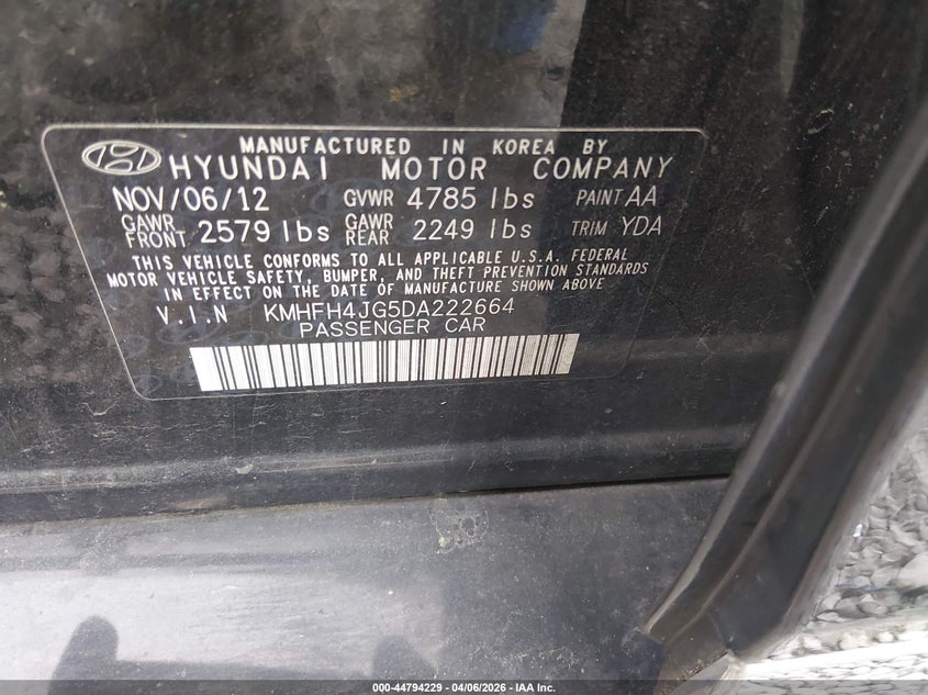 2013 Hyundai Azera VIN: KMHFH4JG5DA222664 Lot: 44794229