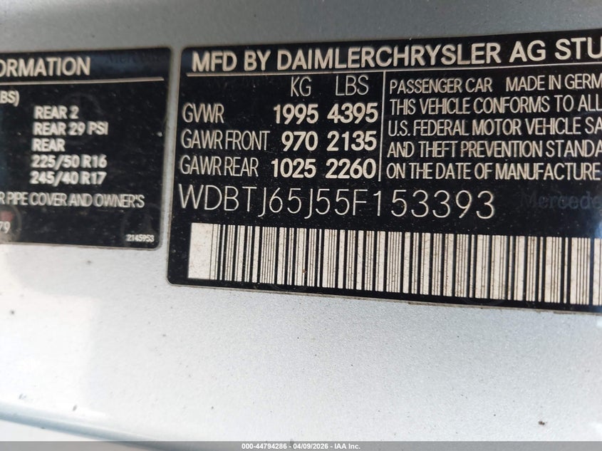 2005 Mercedes-Benz Clk 320 VIN: WDBTJ65J55F153393 Lot: 44794286