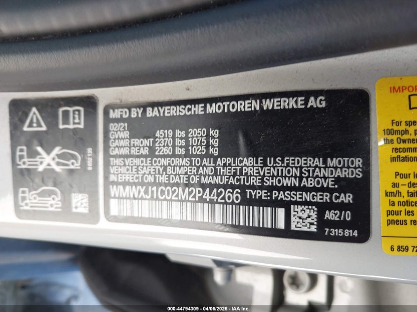 2021 Mini Clubman Cooper S VIN: WMWXJ1C02M2P44266 Lot: 44794309