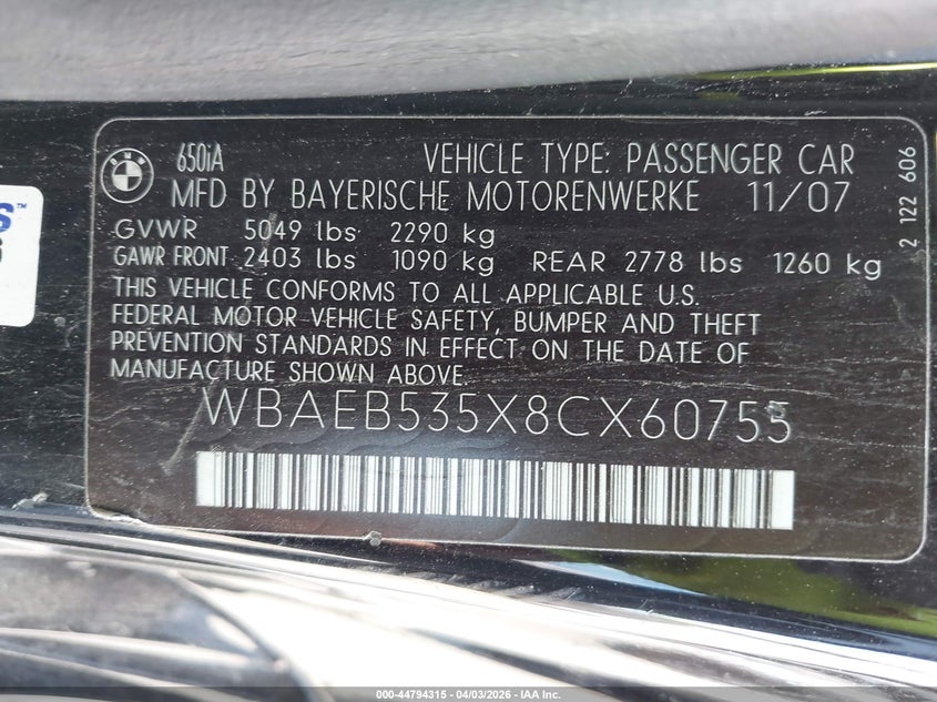 2008 BMW 650I VIN: WBAEB535X8CX60755 Lot: 44794315