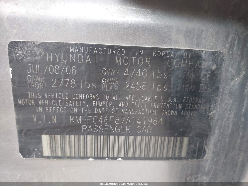 2007 Hyundai Azera Limited/Se VIN: KMHFC46F87A141984 Lot: 44794325