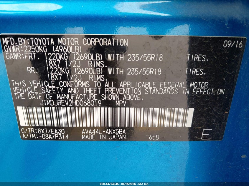 2017 Toyota Rav4 Hybrid Limited VIN: JTMDJREV2HD068019 Lot: 44794345