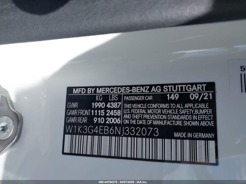 2022 Mercedes-Benz A 220 VIN: W1K3G4EB6NJ332073 Lot: 44794378