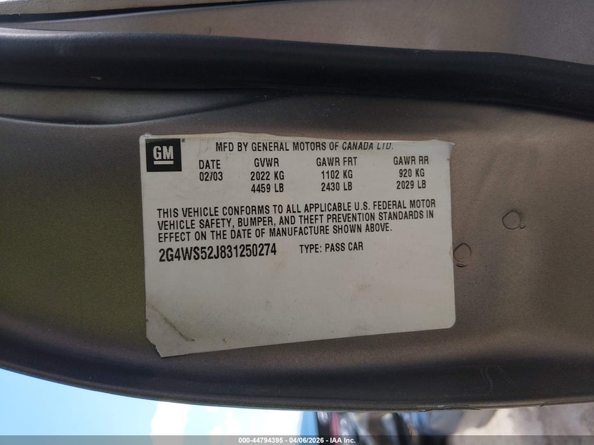 2003 Buick Century Custom VIN: 2G4WS52J831250274 Lot: 44794395