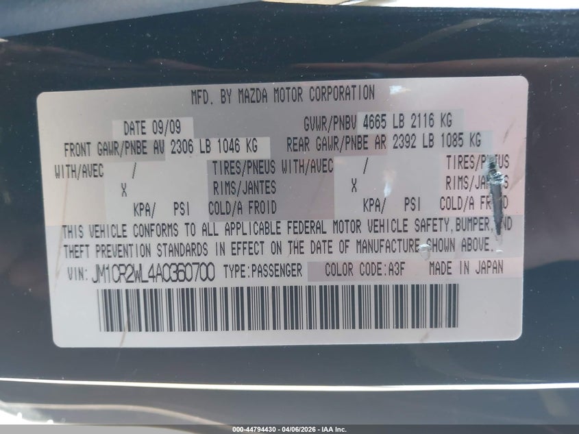 2010 Mazda Mazda5 Sport VIN: JM1CR2WL4A0360700 Lot: 44794430