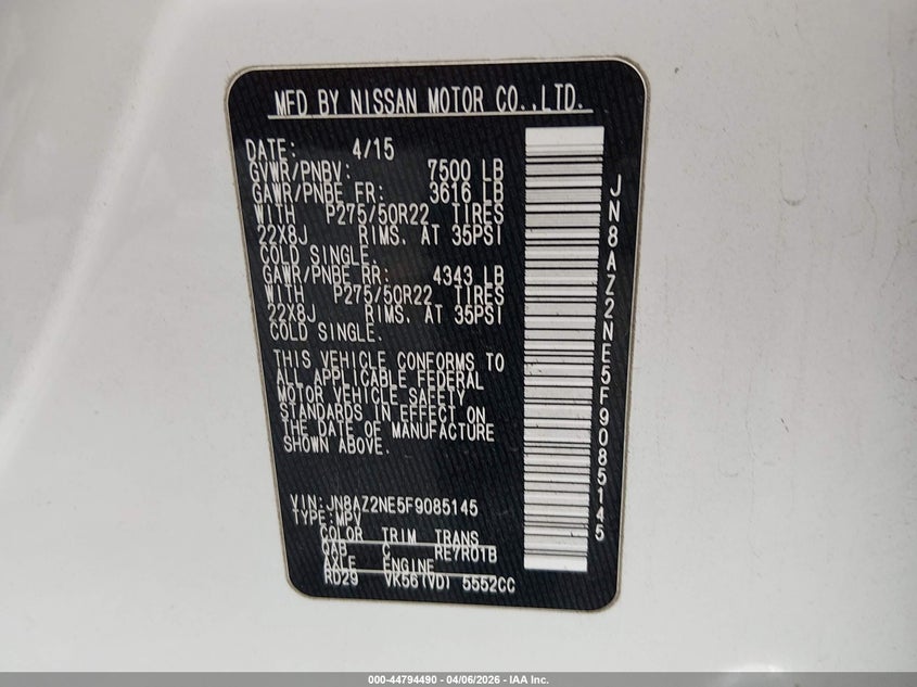 2015 Infiniti Qx80 VIN: JN8AZ2NE5F9085145 Lot: 44794490