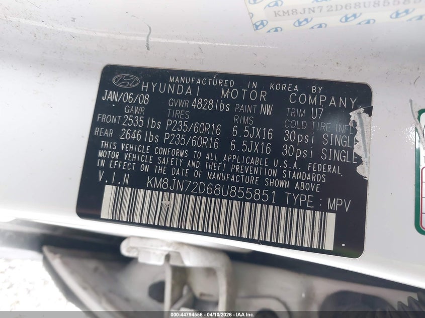 2008 Hyundai Tucson VIN: KM8JN72D68U855851 Lot: 44794556
