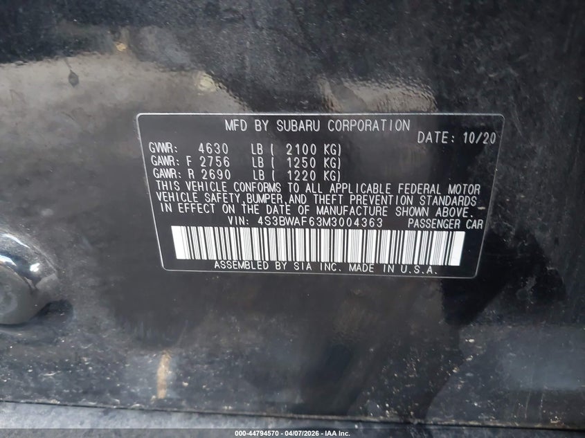 2021 Subaru Legacy Premium VIN: 4S3BWAF63M3004363 Lot: 44794570