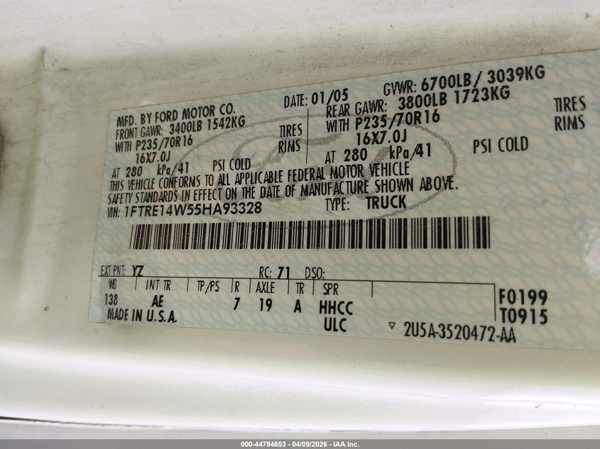 2005 Ford E-150 Commercial/Recreational VIN: 1FTRE14W55HA93328 Lot: 44794653