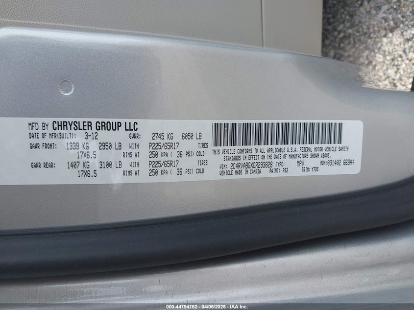 2012 Volkswagen Routan Se VIN: 2C4RVABGXCR293828 Lot: 44794762