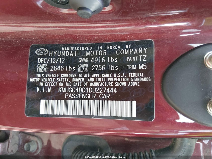 2013 Hyundai Genesis 3.8 VIN: KMHGC4DD1DU227444 Lot: 44794792