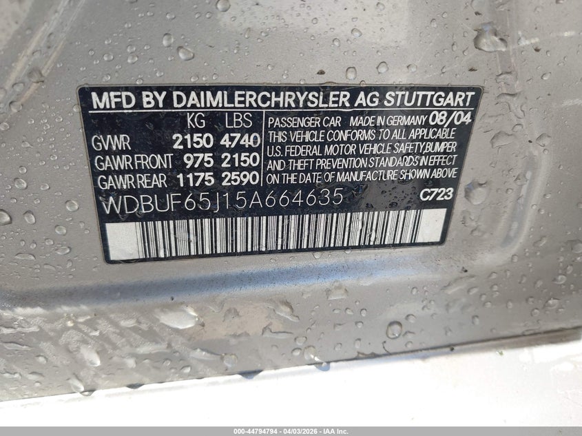 2005 Mercedes-Benz E 320 VIN: WDBUF65J15A664635 Lot: 44794794