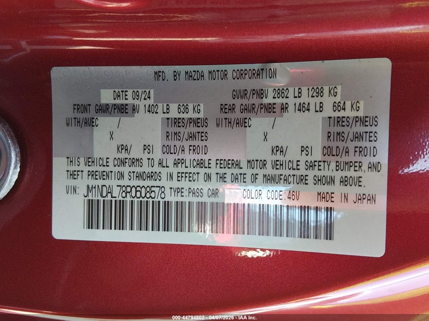 2024 Mazda Mx-5 Miata Rf Club VIN: JM1NDAL78R0608578 Lot: 44794802