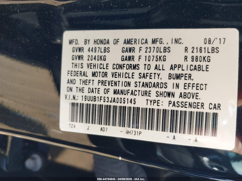 2018 Acura Tlx Tech Pkg VIN: 19UUB1F53JA005145 Lot: 44794840
