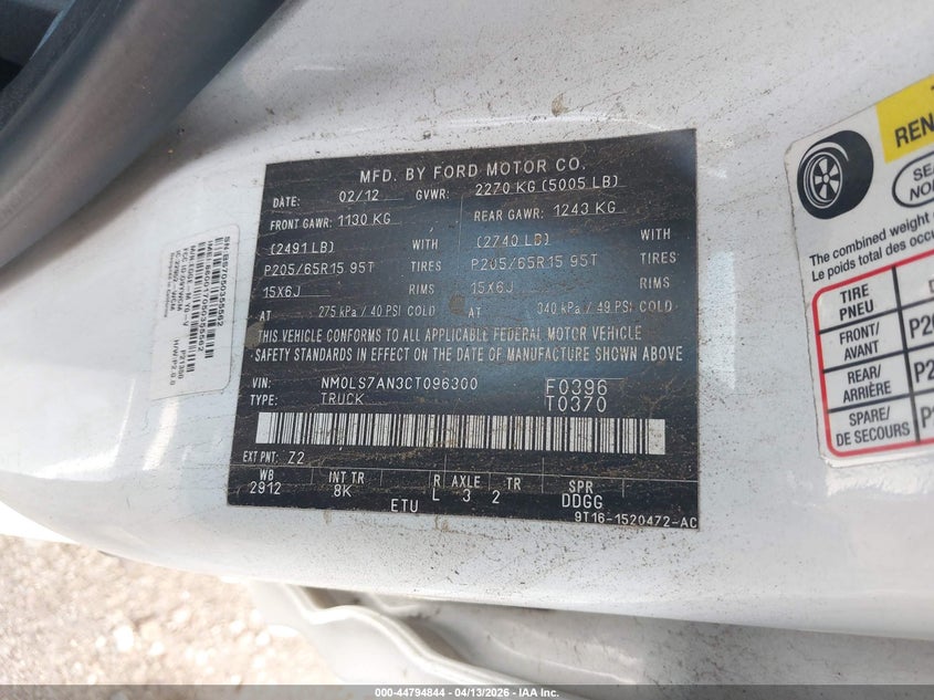 2012 Ford Transit Connect Xl VIN: NM0LS7AN3CT096300 Lot: 44794844