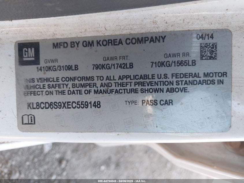 2014 Chevrolet Spark 1Lt Auto VIN: KL8CD6S9XEC559148 Lot: 44794848