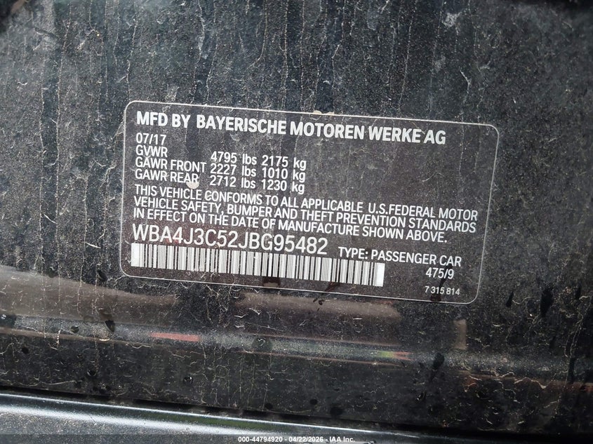 2018 BMW 430I Gran Coupe xDrive VIN: WBA4J3C52JBG95482 Lot: 44794920