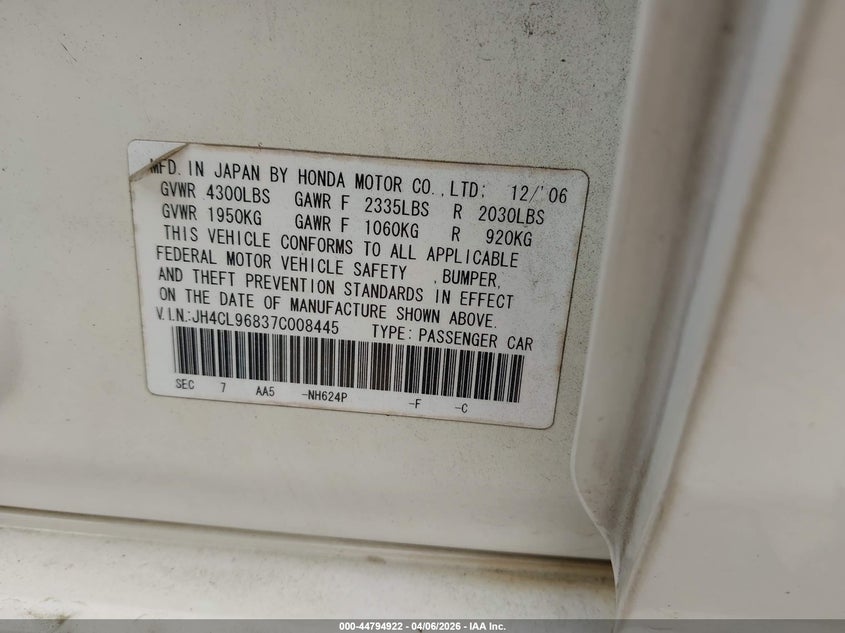 2007 Acura Tsx VIN: JH4CL96837C008445 Lot: 44794922
