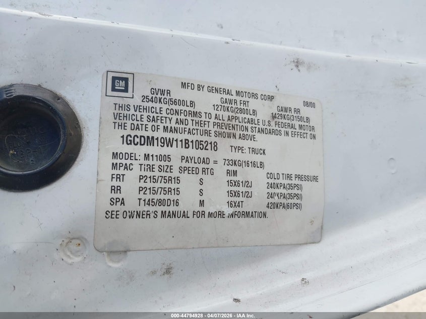 2001 Chevrolet Astro VIN: 1GCDM19W11B105218 Lot: 44794928