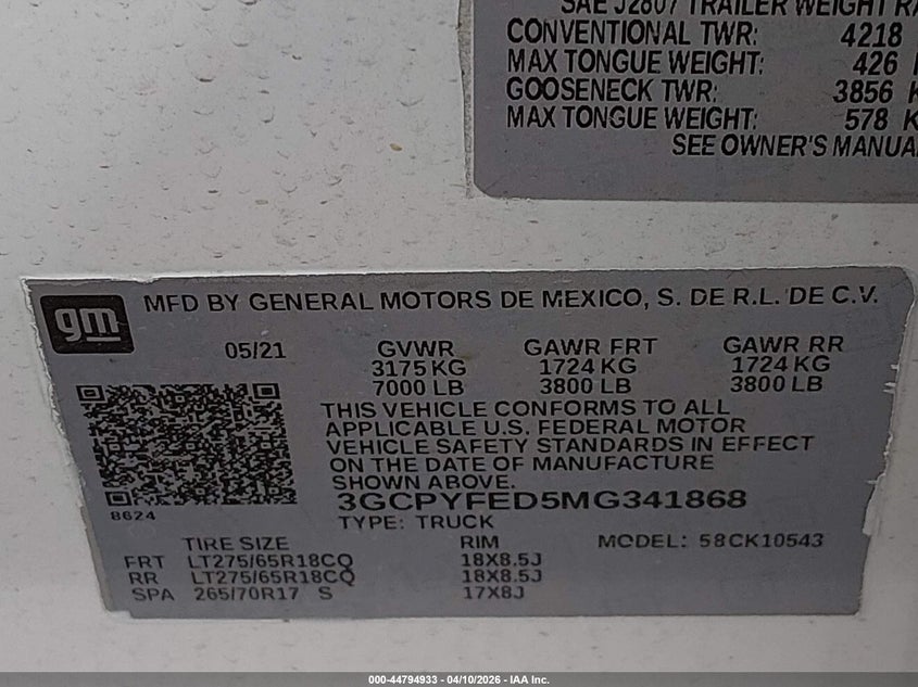 2021 Chevrolet Silverado 5.3 1500 4Wd Short Bed Lt Trail Boss white Lot 111044794933 Vin 3GCPYFED5MG341868