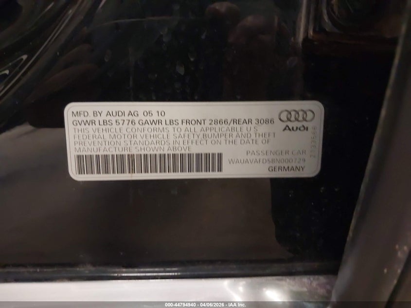 2011 Audi A8 4.2 VIN: WAUAVAFD5BN000729 Lot: 44794940