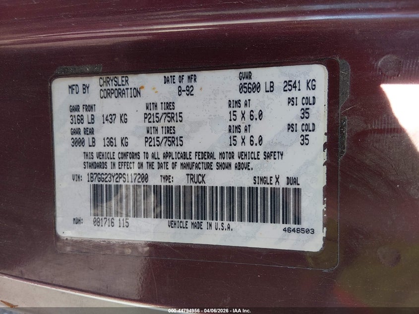 1993 Dodge Dakota VIN: 1B7GG23Y2PS117200 Lot: 44794956